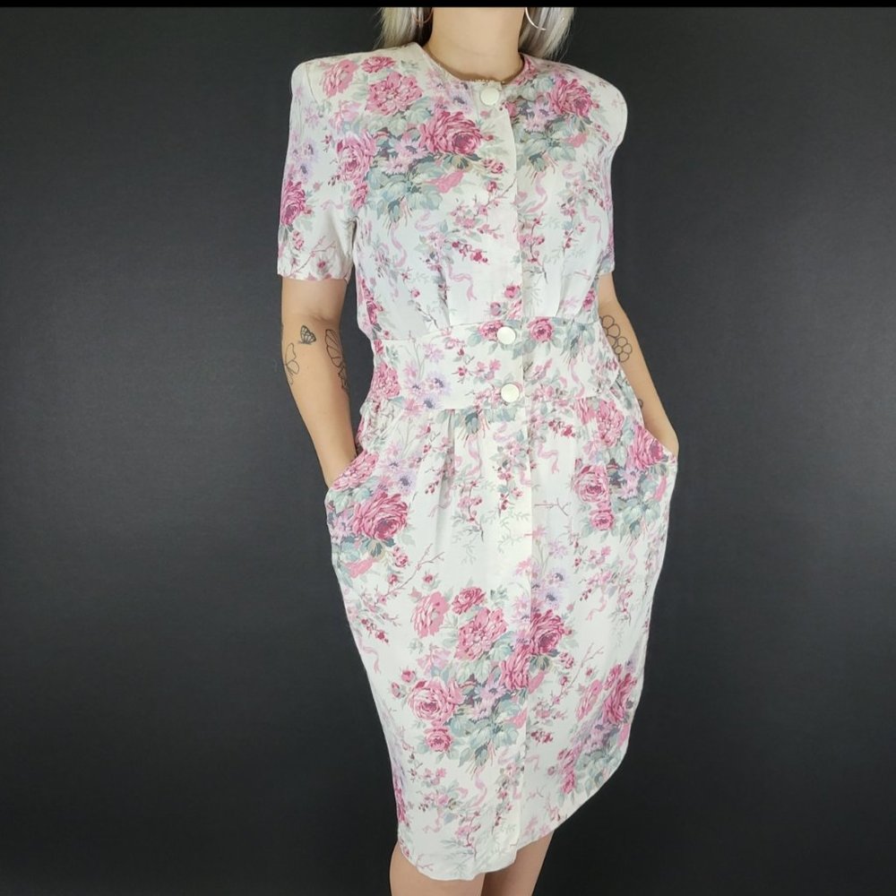 80s Karin Stevens Rose Floral Button Front Dress
